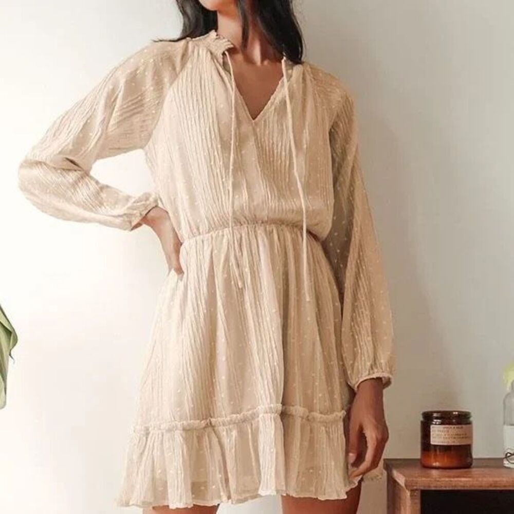 NWT lulu’s No Ordinary Love Cream Flowy Dot Long Sleeve Mini Dress Size Large - Picture 3 of 11